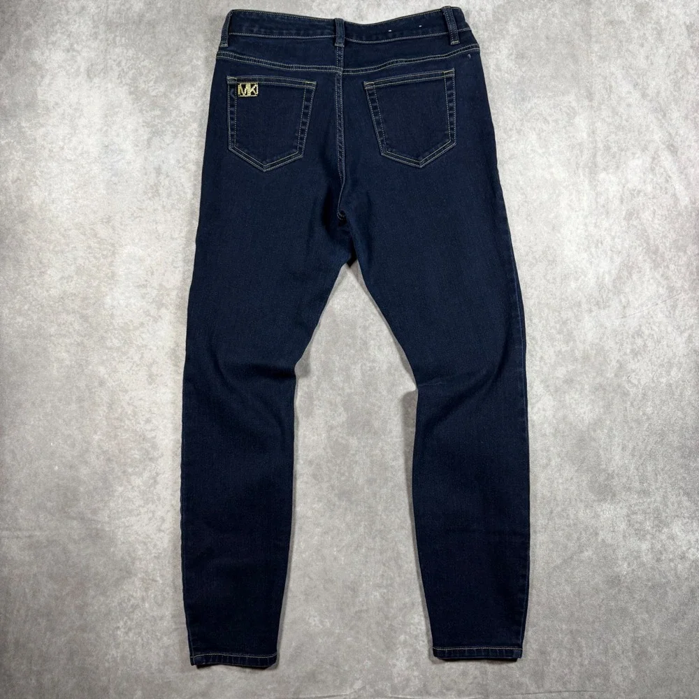 Michael Kors Izzy Skinny Jeans Women 4 Dark Wash Gold MK Logo Denim Blue Stretch